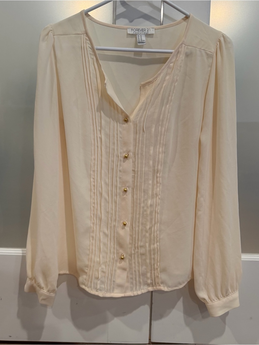 Forever 21 Pale Cream Pintuck Blouse with Gold Buttons
